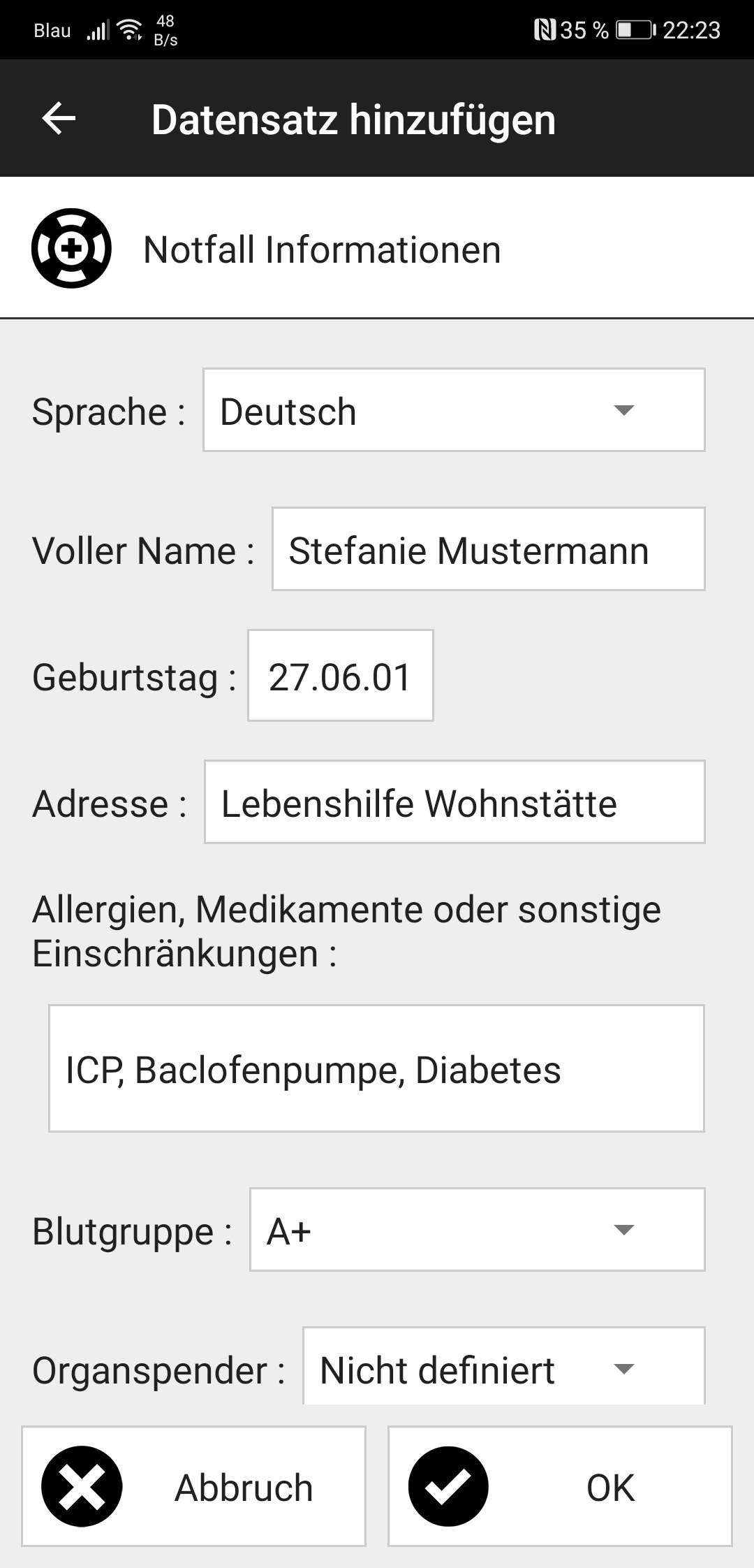 Screenshot: Notfallinformationen
